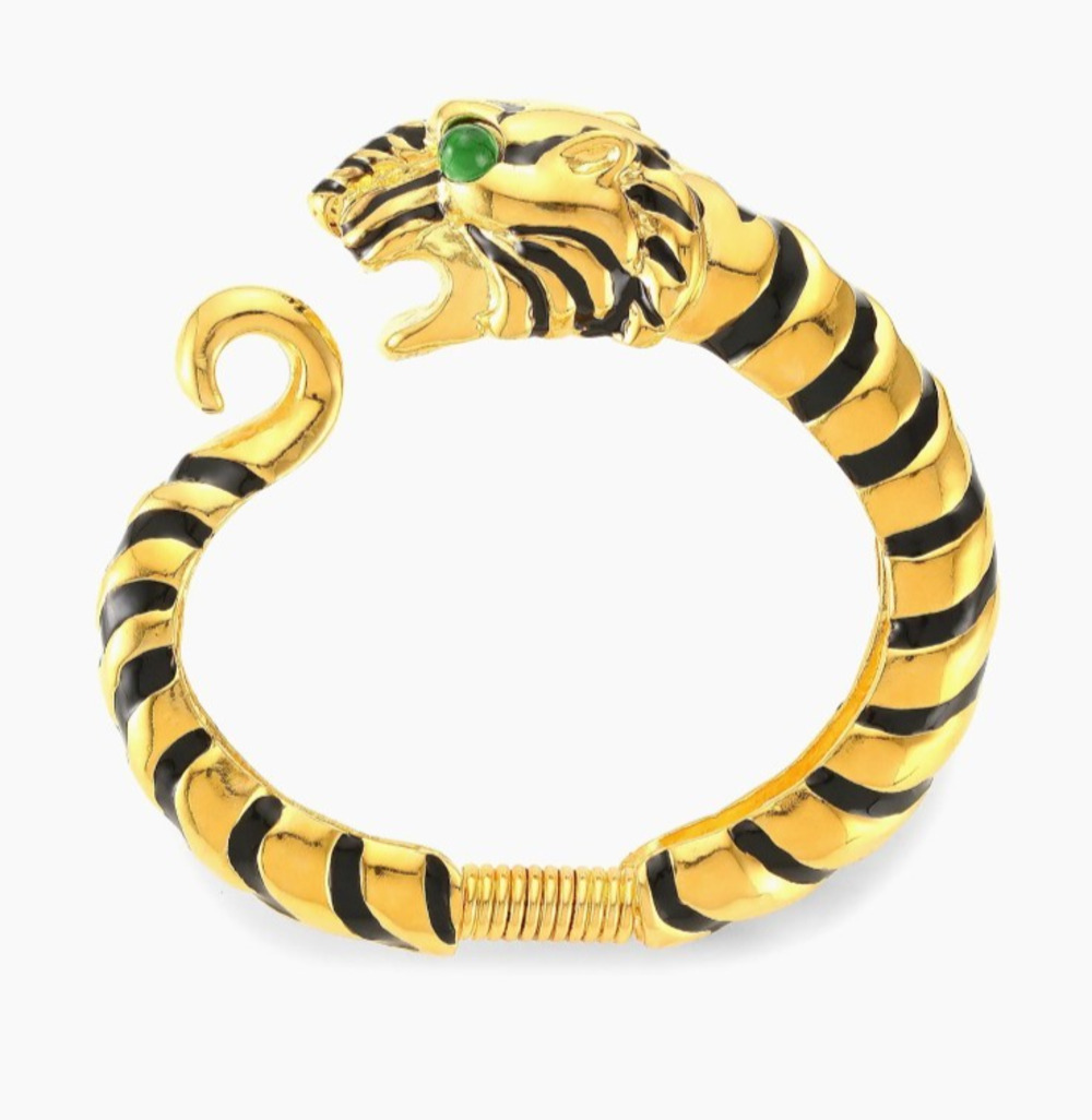 SIGNED KJL Kenneth Jay Lane Tiger Cuff 22K Goldplated Black Enamel Crystal